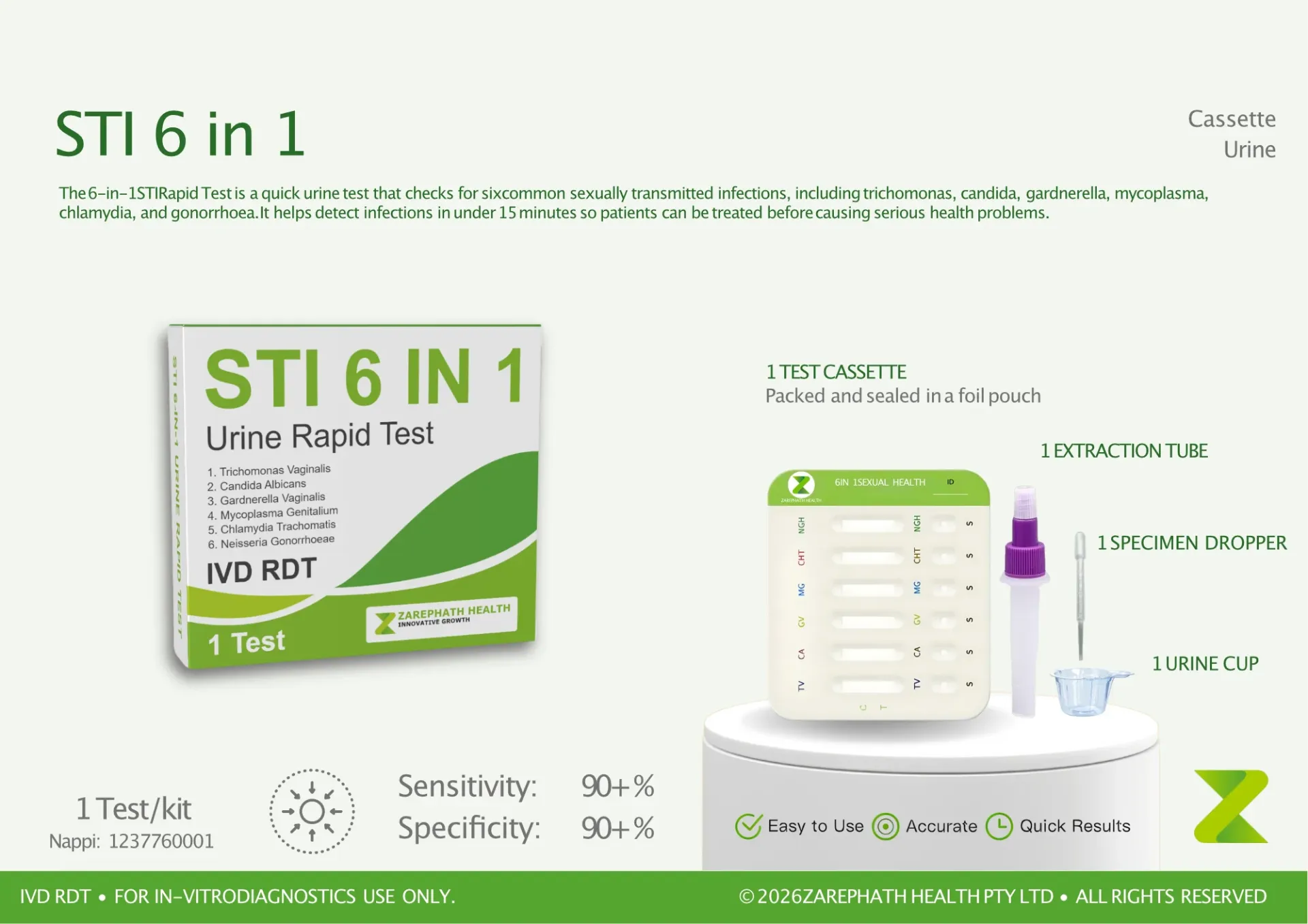 Zarephath STI 6 in 1 urine test CT/NG/TV/MG/Candida/gardnerella